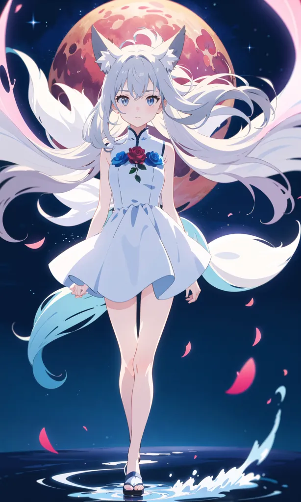 The image is of a young woman with long white hair and blue eyes. She is wearing a white dress with a blue sash and has a red rose on her chest. She is standing on a crescent moon, and there are cherry blossoms falling around her. The background is a dark blue night sky with a red moon. The image is drawn in an anime style.