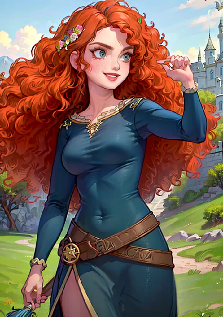 The picture shows a young woman with long red curly hair. She is wearing a blue dress with a brown belt. There are some flowers in her hair. She has a friendly smile on her face and is holding her hand out in front of her. In the background, there is a large castle.