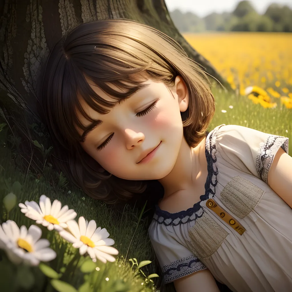 The image shows a young girl with short brown hair and brown eyes. She is wearing a white dress with a blue collar. She is lying on her side on the grass, with her head resting on her arm. Her eyes are closed, and she has a peaceful expression on her face. There are three white daisies next to her head. In the background, there is a large tree with a thick trunk. The grass is long and green, and there are yellow flowers growing in the distance. The sun is shining brightly, and there is a warm breeze blowing. The overall mood of the image is peaceful and serene.