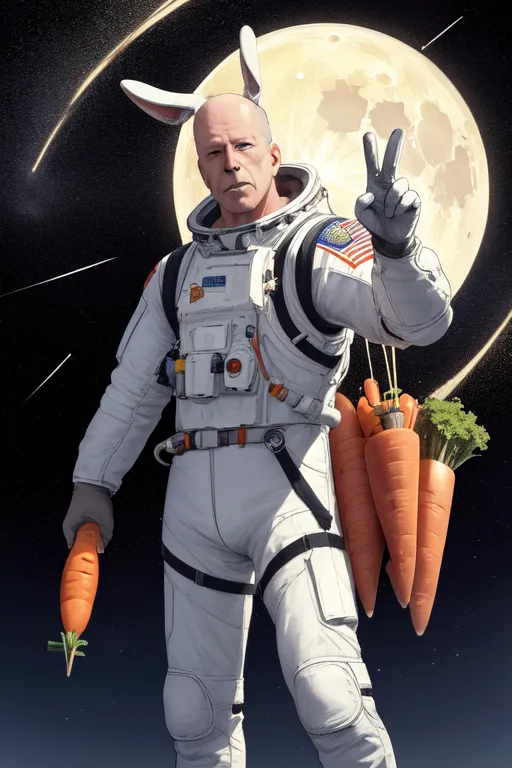 Esta es una imagen de Bruce Willis con un traje espacial y orejas de conejo. Está de pie en la luna con una zanahoria en una mano y un manojo de zanahorias en la otra. Está haciendo el signo de la paz con su mano derecha. Hay una luna de fondo.