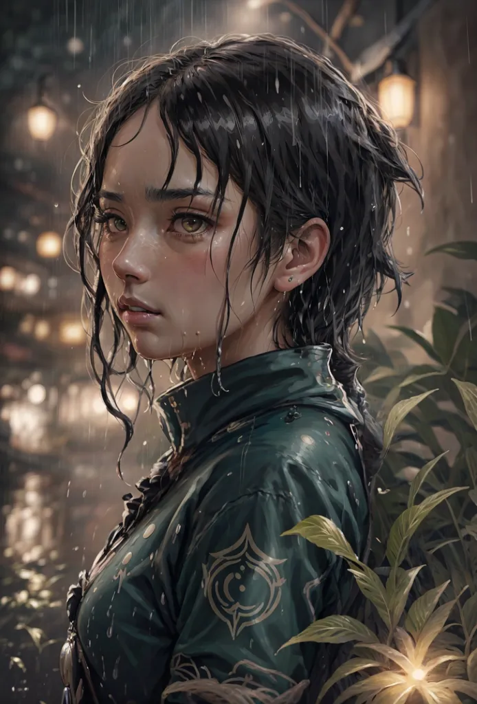 The picture shows a young woman standing in the rain. She has long black hair, brown eyes, and a sad expression on her face. She is wearing a green shirt with a white collar. The background is blurry, but it looks like there are trees and buildings in the distance. The rain is falling heavily, and the woman's hair and clothes are soaked. She is standing in a thoughtful pose, and it seems like she is lost in thought.