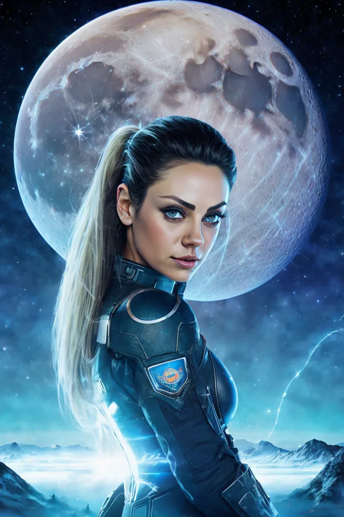 This is an image of a woman in a blue and black spacesuit with a ponytail and a moon in the background. The woman is looking at the camera with her hand on her hip.