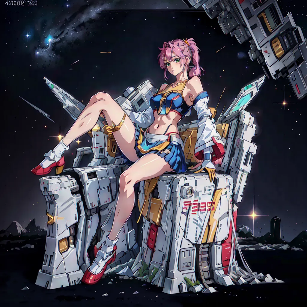 The image is of a young woman with pink hair and green eyes. She is wearing a blue and white outfit and is sitting on a large, white and gray mech. The mech is damaged and there are explosions and debris in the background. The woman is looking at the viewer with a confident expression.