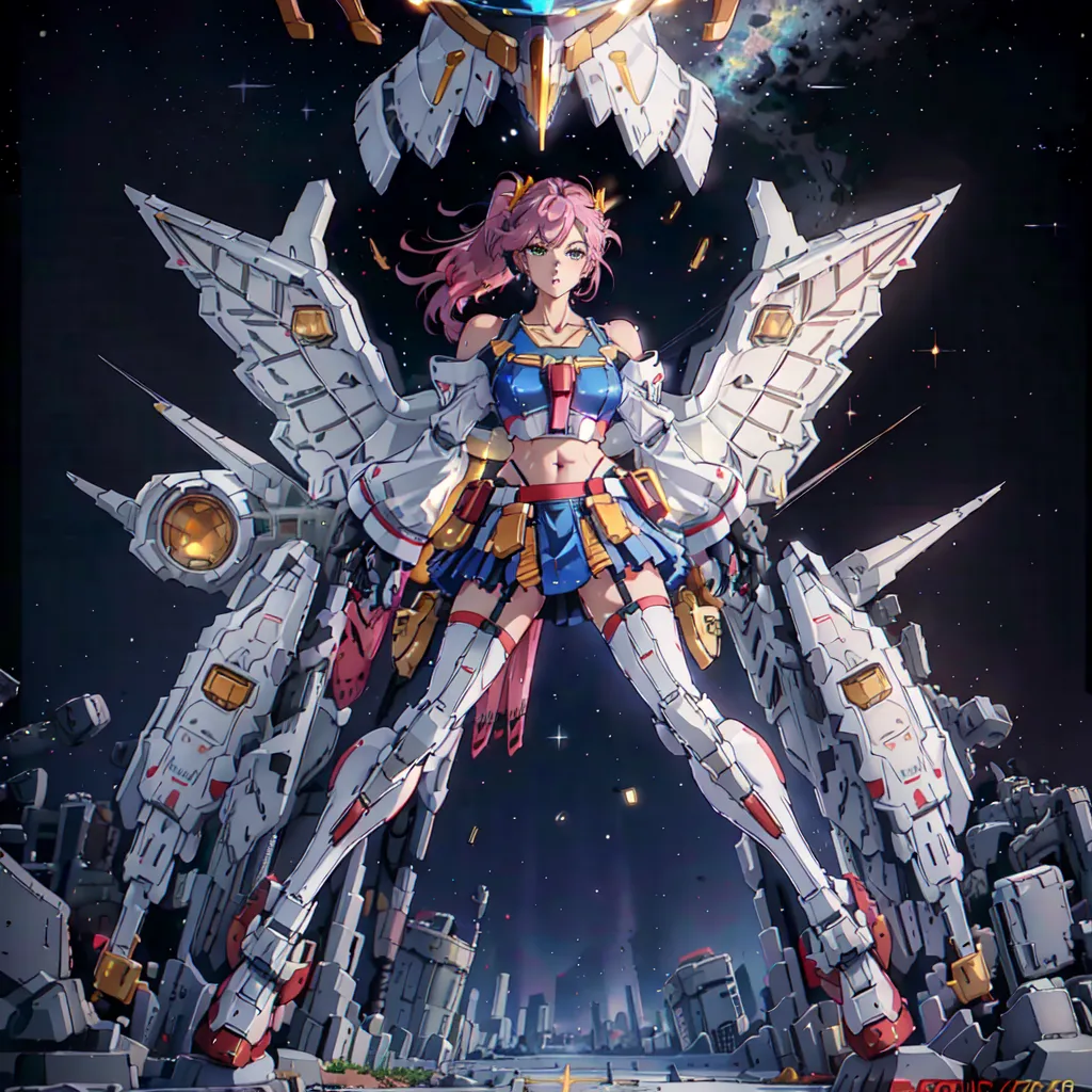 The image is a painting of a mecha anime girl. She is standing in a city, with a large robot behind her. The girl is wearing a blue and white outfit, and she has pink hair and blue eyes. The robot is white and gray, and it has large wings. The city is in ruins, and there are explosions in the background. The image is very detailed, and the artist has used a variety of colors to create a sense of depth and atmosphere.