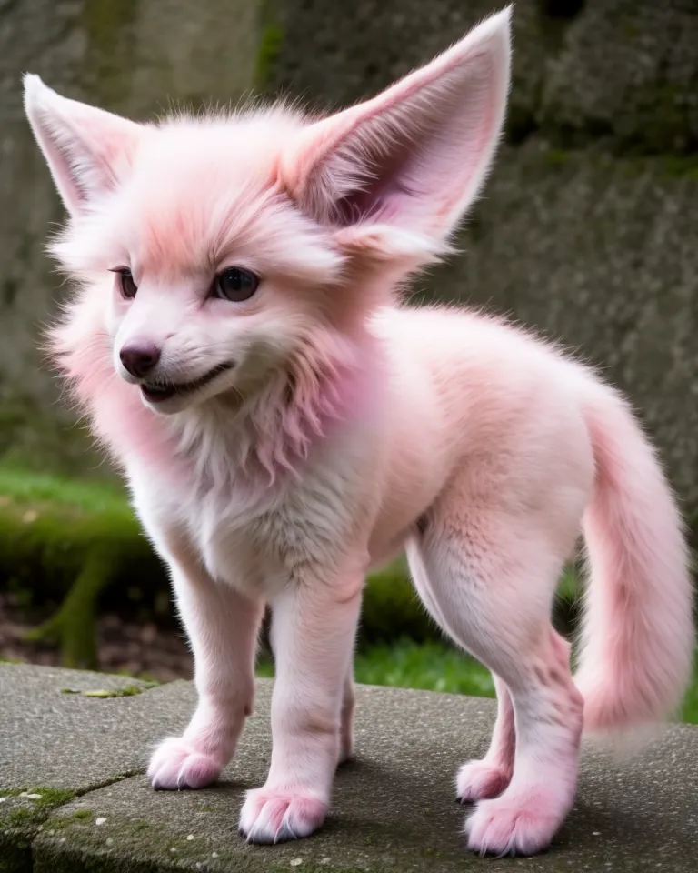 The image shows a small pink fox standing on a stone surface. The fox has large ears and a long tail. It is looking at the camera with its mouth slightly open. The background is blurry and looks like a forest.