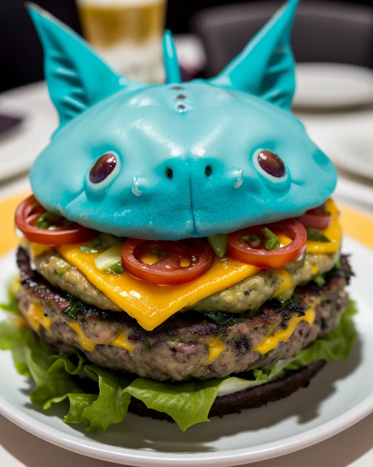 This image shows a hamburger with two beef patties, lettuce, tomato, cheese, and avocado. The hamburger is served on a black bun and is shaped to resemble a Pokemon character. The Pokemon character is blue and has large eyes. The hamburger is also served with a side of fries.