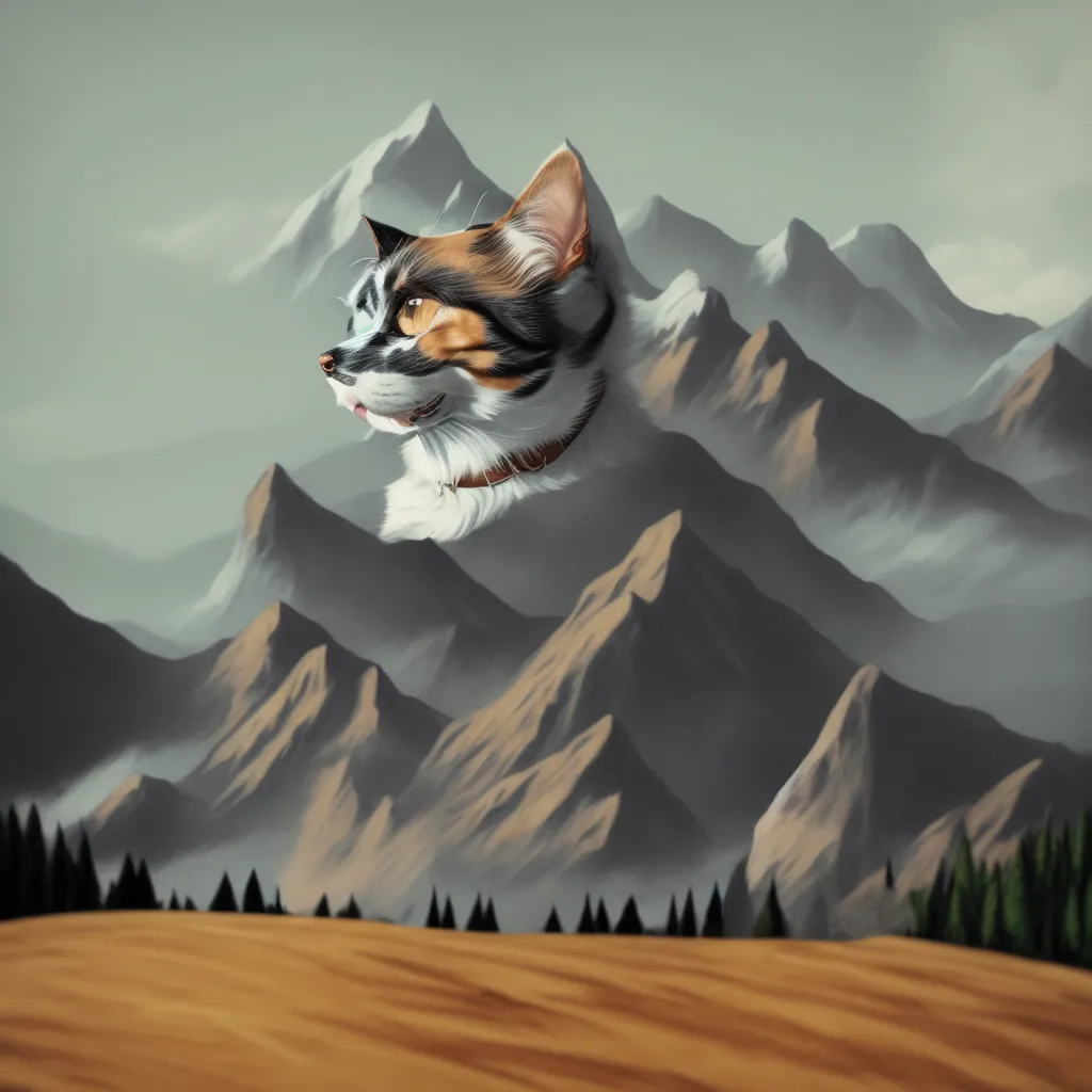 The image shows a cat's head in the clouds. The cat is looking to the left of the frame. The sky is foggy and grey and the cat's face is partially obscured by the clouds. The cat has a collar on. The bottom half of the image is a mountain range. The mountains are brown and grey and are covered in snow. There are trees at the base of the mountains.