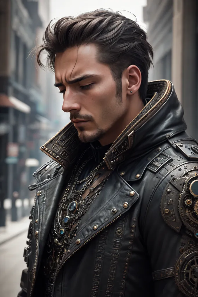 The image shows a man with long, wavy brown hair and a beard. He is wearing a black leather jacket with silver buttons and studs. The jacket is decorated with various steampunk accessories, including gears, chains, and rivets. He is also wearing a silver necklace and earring. The man has a serious expression on his face and is looking down. He is standing in a dark, urban setting.