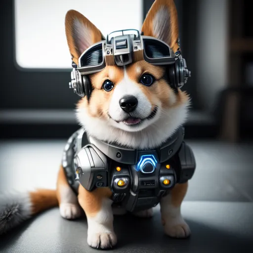 The image shows a cute puppy wearing a futuristic armor. The puppy is sitting on a soft surface and looking at the camera with a happy expression. The armor is made of silver and gray metal, and it has a light blue light on the chest. The puppy also has a pair of headphones on.