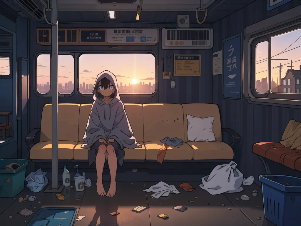 A girl is sitting on a train. The train is dirty and there is trash all over the floor. The girl is wearing a hoodie and she has her hood up. She is looking out the window and watching the sunset. The sun is setting over a city. The sky is a gradient of orange and pink. The girl is alone in the train car. She is surrounded by trash, but she doesn't seem to notice it. She is lost in thought, staring out the window at the sunset.