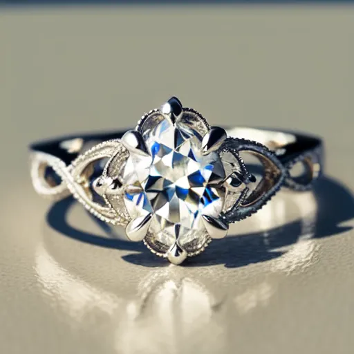 The image is of a diamond ring. The ring is made of white gold and has a large, oval-shaped diamond in the center. The diamond is surrounded by a halo of smaller diamonds. The ring is also decorated with intricate filigree.