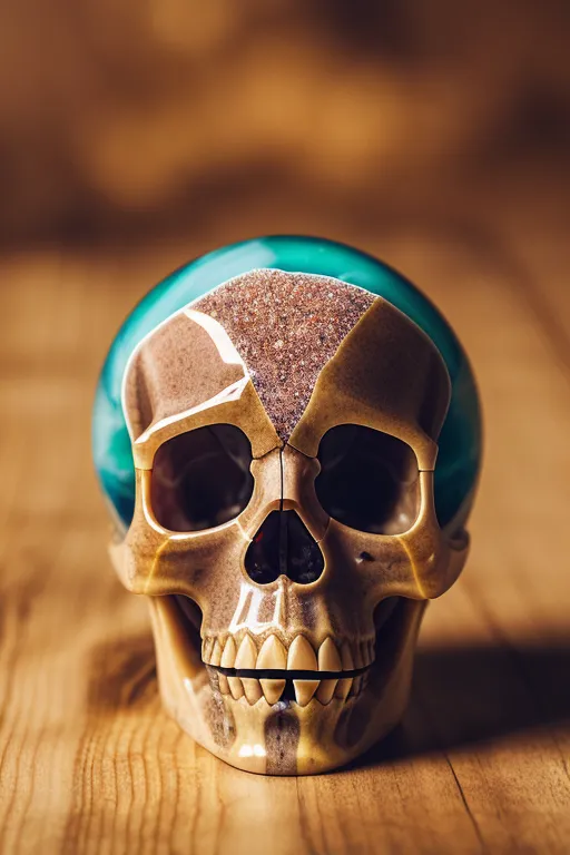 This is a photograph of a skull that appears to be made of bone and has turquoise jewels embedded in the top of the skull. The skull is sitting on a wooden surface. The background is out of focus and is brown.