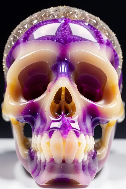 Esta é uma fotografia de um crânio feito de material roxo e branco. O crânio tem um buraco no topo e está faltando a mandíbula inferior. Os dentes são visíveis e o crânio está cercado por um fundo preto.