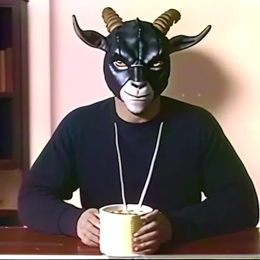 The image shows a person wearing a goat mask. The mask is black with two large horns pointing upwards. The person is wearing a black sweater and is sitting at a table. The person is holding a bowl with chopsticks in it. The person is looking at the camera.