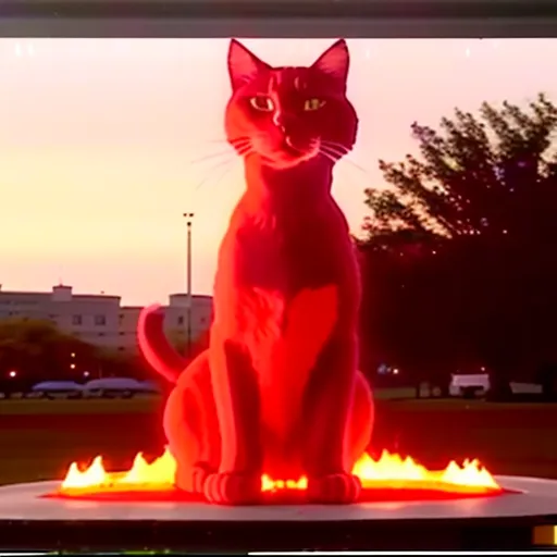 La imagen muestra un gato rojo grande sentado en un pedestal. El gato tiene los ojos abiertos y mira hacia la derecha. Hay llamas saliendo del pedestal. El fondo es un atardecer.