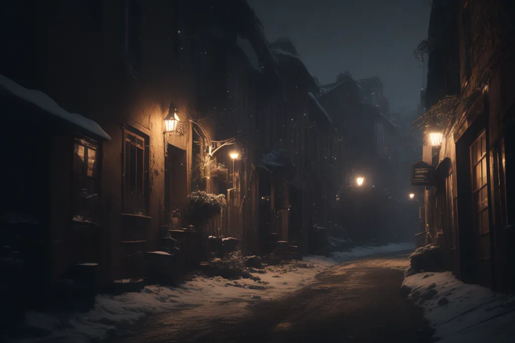 A imagem é uma rua escura e nevosa em uma cidade medieval. A rua é iluminada por algumas lanternas e pela luz das janelas das casas. As casas são de madeira e têm neve em seus telhados. A rua está coberta de neve e há algumas pegadas na neve. A imagem é muito atmosférica e captura a sensação de uma noite fria e nevada de inverno.