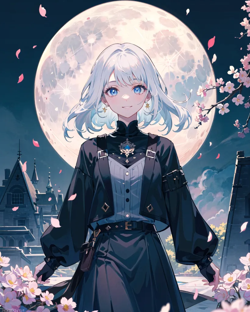 The image is of a young woman standing in front of a moonlit cityscape. She is wearing a black dress with a white collar and a blue sash. Her long white hair is flowing in the wind and her eyes are closed. The background is a dark blue night sky with a full moon. There are some cherry blossom petals falling around her. The image is very peaceful and serene.