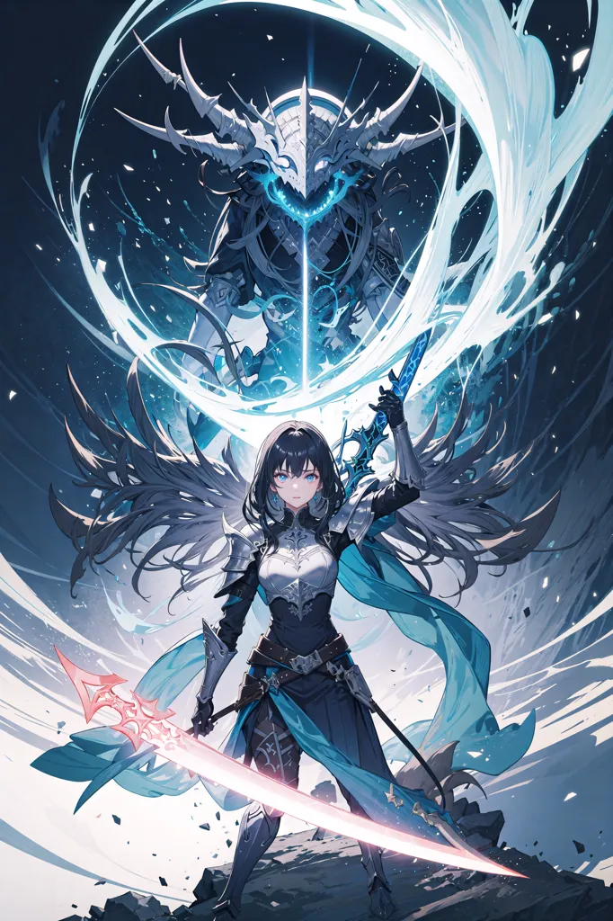 La imagen es de una chica con estilo anime de cabello negro largo y ojos azules. Ella está usando un traje de caballero azul y blanco y sostiene una espada grande en su mano derecha y una espada más pequeña en su mano izquierda. Ella está parada frente a una criatura grande, azul y con cuernos con una cara similar a un cráneo. La criatura está rodeada por un campo de energía azul. La chica está parada en un acantilado rocoso y hay grandes cristales azules flotando en el aire a su alrededor.