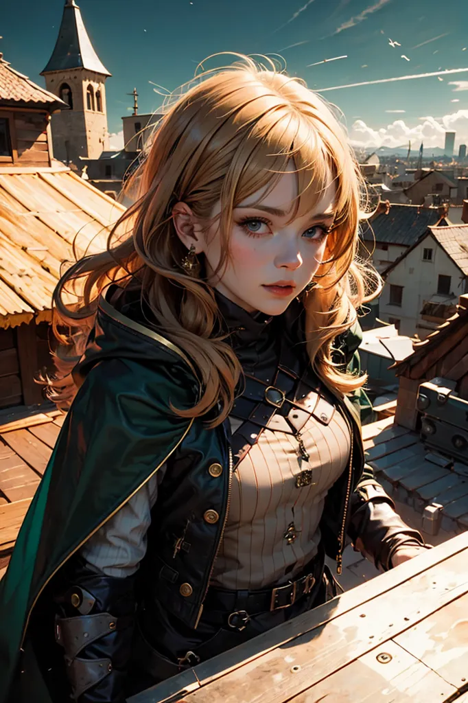 The image is of a young woman with long blond hair and green eyes. She is wearing a brown leather jacket with a white shirt and green cloak. She is standing on a rooftop with a town in the background. The sky is blue and there are some clouds. The woman is looking at the view with a thoughtful expression on her face.