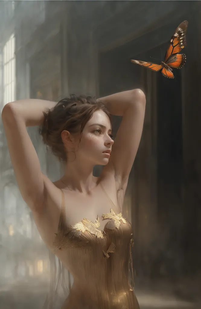 The image is a portrait of a young woman. She has long, dark hair and light brown eyes. She is wearing a gold-colored dress with butterfly-shaped cutouts at the bust. The woman is standing in front of a white background, and there is a butterfly on her right side. The butterfly is orange and black, with white markings on its wings. The woman is looking at the butterfly with a soft expression on her face.