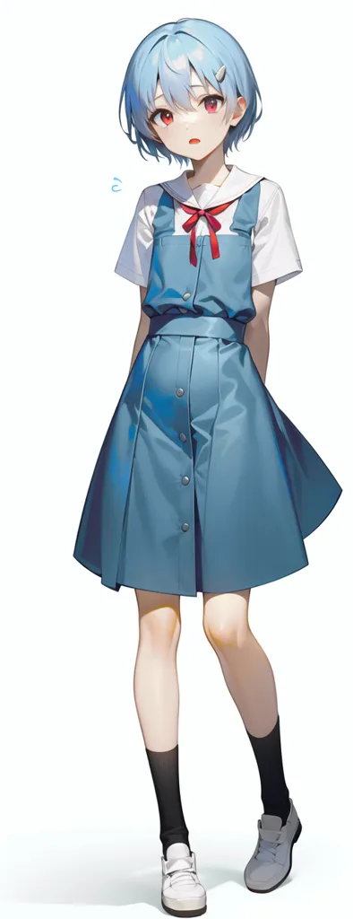 The image is of a young girl with blue hair and red eyes. She is wearing a white shirt, a blue pinafore dress, and white shoes. She is also wearing a red bow tie. The girl is standing in a relaxed pose, with her feet shoulder-width apart and her arms at her sides. Her head is tilted slightly to the right, and she is looking at the viewer with a curious expression on her face. The background is white, and there are no other objects in the image.