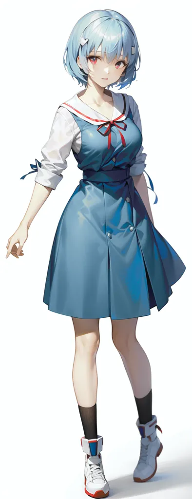 The image is of a young woman with short blue hair and red eyes. She is wearing a white blouse, a blue pinafore dress, and a pair of red and white sneakers. She is also wearing a red bow tie. The woman is standing in a relaxed pose, with her left hand pointing forward and her right hand hanging by her side. She has a confident expression on her face. The background is white.