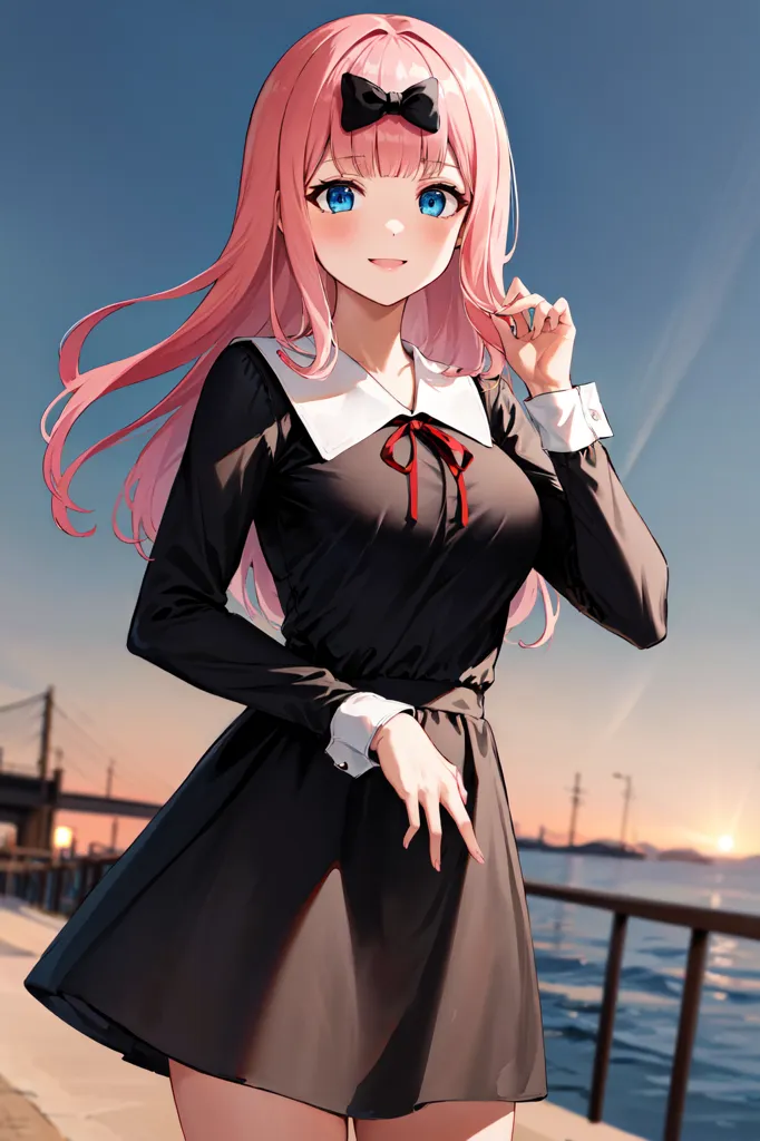 The image shows a young woman with pink hair and blue eyes. She is wearing a black dress with a white collar and a red ribbon. Her hair is long and flowing, and she has a gentle smile on her face. She is standing on a pier, with the sea behind her. The sun is setting, and the sky is a gradient of orange and pink.