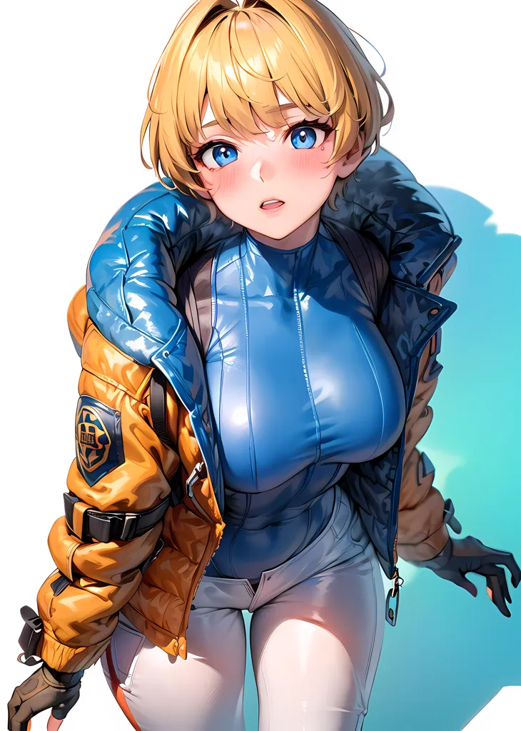 The image is a digital painting of a young woman with short blonde hair and blue eyes. She is wearing a blue and yellow jacket, a white bodysuit, and white pants. She is looking at the viewer with a surprised expression on her face. The background is a gradient of light blue and white.