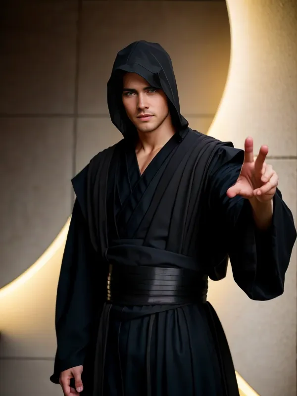 This image shows a young man dressed in a black Jedi robe with a hood. He is standing with one hand raised in a Force gesture, and the other hand at his side. He has a lightsaber attached to his belt. The background is a blurred out Jedi temple.