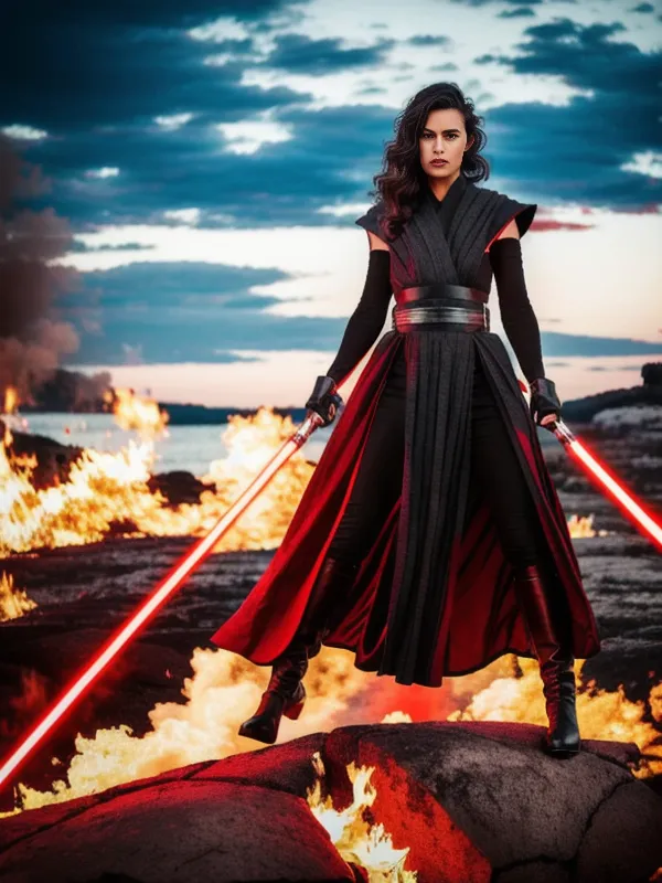 The image shows a woman dressed in a black and red outfit, with a red and black cape. She is standing on a rocky cliff, with a fiery orange ocean in the background. She is holding two red lightsabers, one in each hand, and is looking to her left. She has long brown hair.