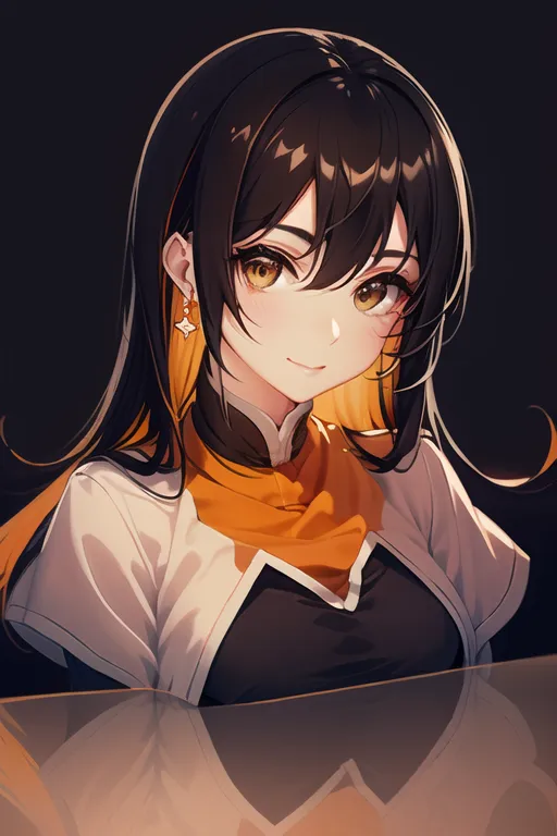 The image shows a young woman with long, dark hair and orange eyes. She is wearing a white shirt with a black vest and an orange scarf. She is sitting at a desk, and her reflection is visible on the surface. She has a small smile on her face, and she is looking at the viewer.