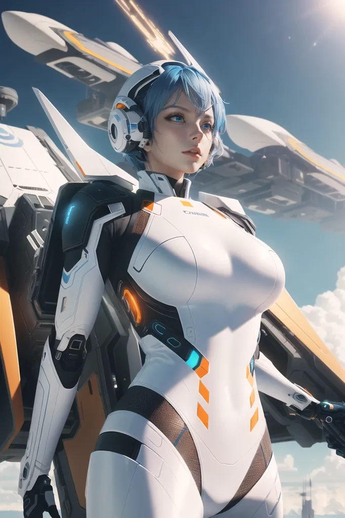 This is an image of a female character with short blue hair and blue eyes. She is wearing a white futuristic suit with orange and black details. She is also wearing a white and orange helmet. She is standing in front of a large spaceship with a white and yellow color scheme. The background is a blue sky with white clouds.