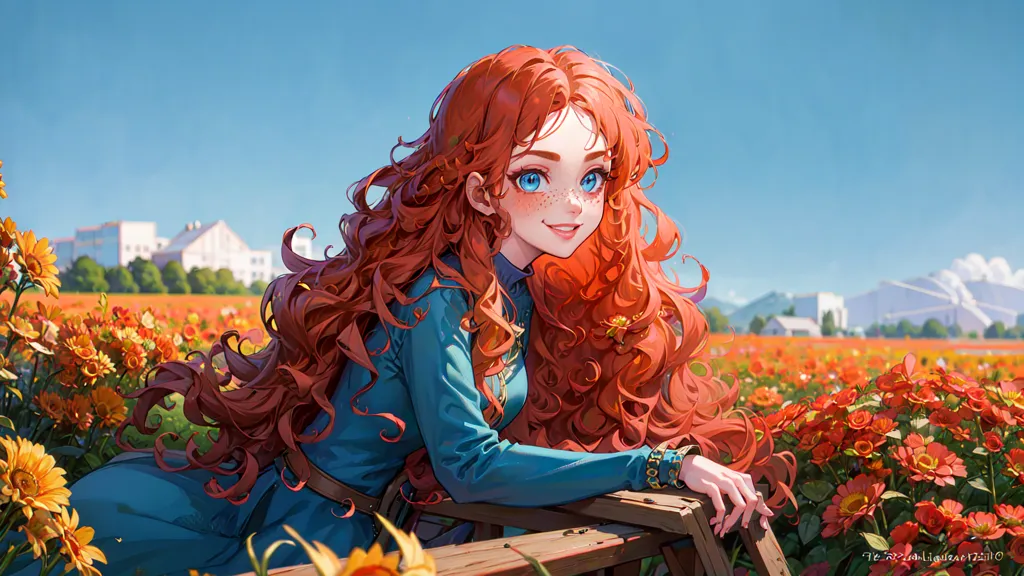 This image shows a young woman with long, curly red hair and blue eyes. She is wearing a blue dress with a white camisole. She is sitting on a wooden fence in a field of flowers. The background is a meadow with a village in the distance. The sky is blue and there are white clouds. The image is in a cartoon style and the colors are vibrant.