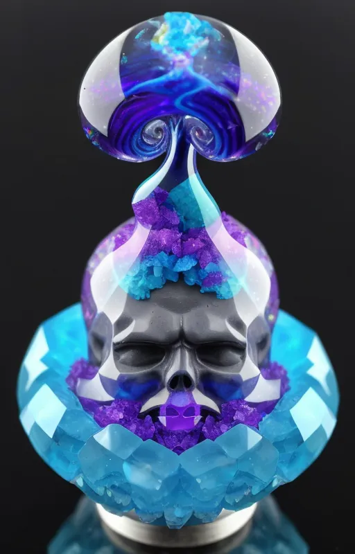 This is a sculpture of a skull made of black and gray material, with blue crystals growing out of the top of it. The skull is sitting on a bed of blue and purple crystals. There is a blue mushroom growing out of the top of the skull, with a purple swirl pattern on the top of the mushroom. The mushroom has blue liquid dripping off of it.