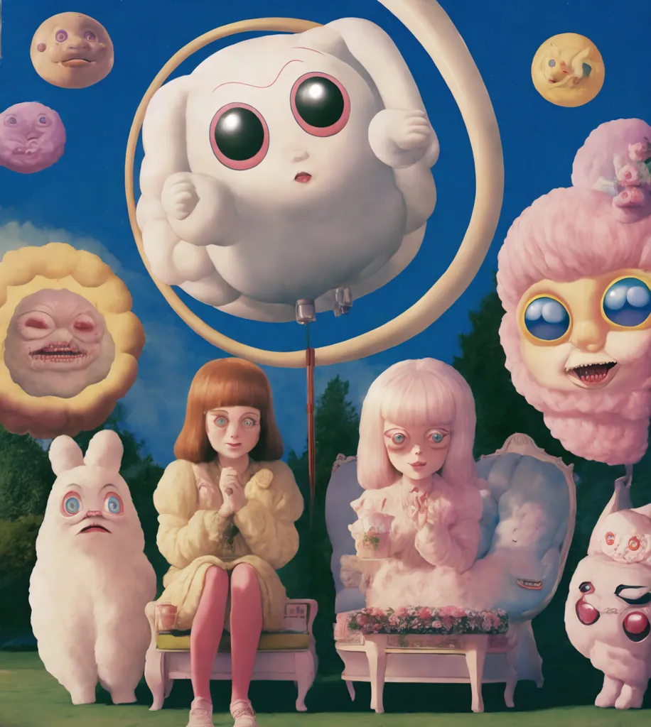 The image is a surreal painting. There are two girls in the center. The girl on the left is wearing a yellow dress and the girl on the right is wearing a pink dress. They are both looking at a strange creature in front of them. The creature is white and has big eyes. It is also wearing a pink bowtie. There are other strange creatures in the painting as well. There is a creature that looks like a flower, a creature that looks like a rabbit, and a creature that looks like a cat. The painting is very colorful and has a dreamlike quality.