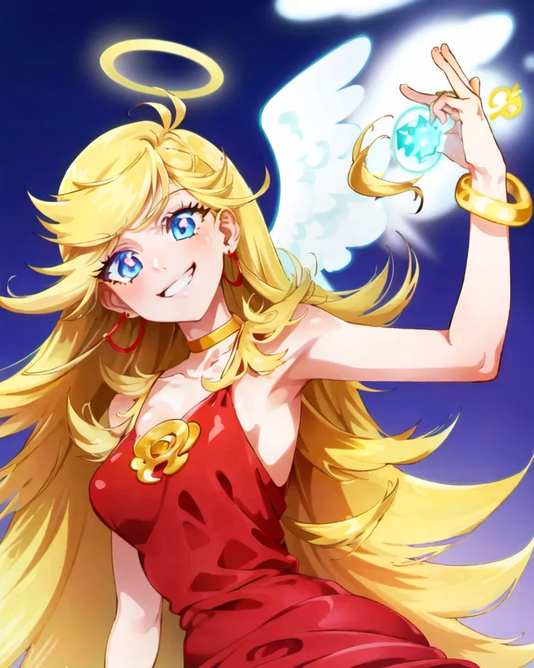 The image shows a young woman with long, flowing blonde hair and blue eyes. She is wearing a red dress with a gold rose brooch at the center of her chest. She also has a gold necklace with a small, clear gemstone pendant. There is a white halo above her head and she has one white wing outstretched behind her. She is smiling and holding a small, glowing blue orb in her right hand. The background is a dark blue night sky with a few, small, white clouds.