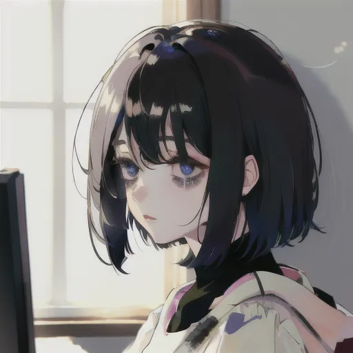 The image shows a young woman with short black hair and blue eyes. She is wearing a white shirt and a black jacket. She is sitting in front of a window, and the light from the window is shining on her face. Her expression is sad and thoughtful.