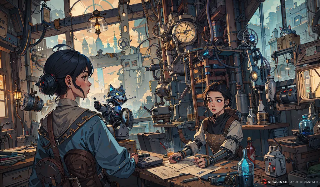 The image is in a steampunk style and shows a cluttered workshop with various machines and gadgets. There are two women in the image. The woman on the left is wearing a blue shirt and has a cat on her shoulder. The woman on the right is wearing a brown vest and is writing something on a piece of paper. There are many details in the image, such as the various machines, the cat, and the woman's clothing. The image is very detailed and has a lot of interesting elements.