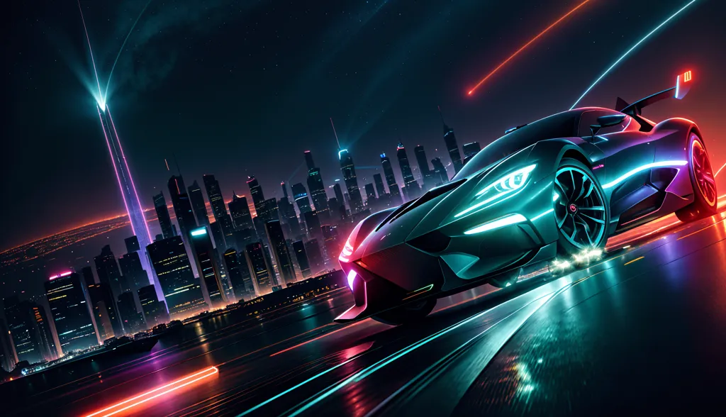 A teal futuristic car drives through a city at night. The car is lit up with neon lights and the city is dark with bright lights in the buildings. The car is in the foreground and the city is in the background. The car is in focus and the city is blurred.