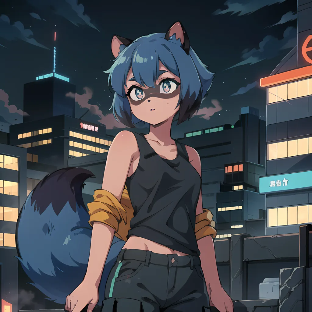 The image is of a young woman with blue hair and raccoon ears. She is wearing a black tank top, yellow jacket, and blue jeans. She is standing on a rooftop in a city at night. The city is full of tall buildings and bright lights. The woman is looking at the view of the city. She has a confident expression on her face.