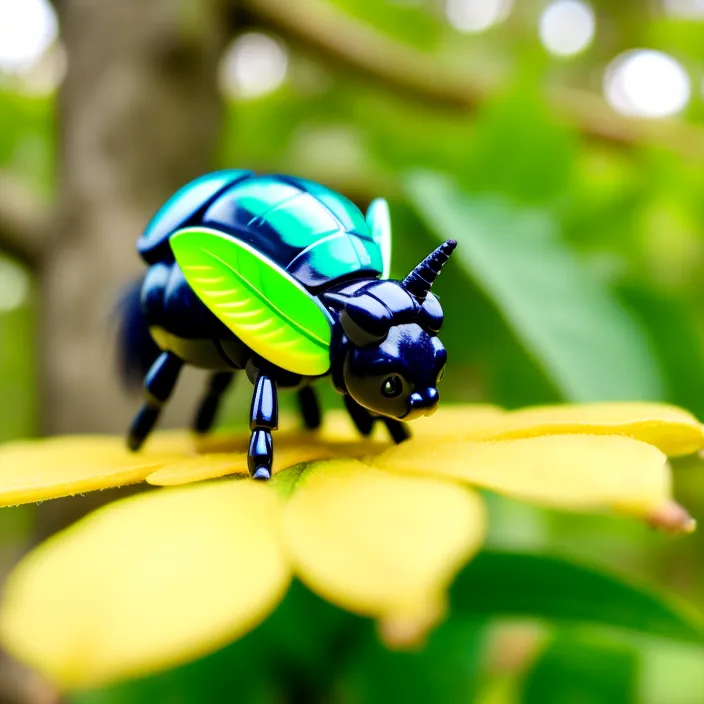 A blue and green beetle with a horn on its head is sitting on a yellow flower. The background is blurry green leaves. The beetle is shiny and looks like it is made of metal.