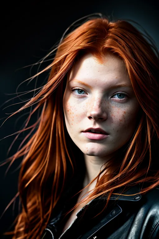 The image is a portrait of a young woman with long, red hair and freckles on her face. She is wearing a black leather jacket and looking at the camera with a serious expression. Her hair is blowing in the wind and her eyes are a light blue color. The background is dark.