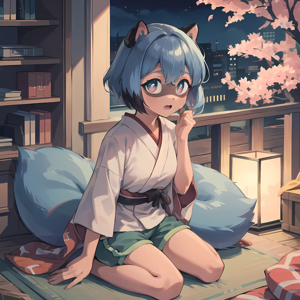 The image is of an anime girl with blue hair and fox ears. She is wearing a white kimono with a green obi and green shorts. She is sitting on a cushion on the floor, with a bookshelf and a window behind her. The window is open, and there is a cherry blossom tree outside. The girl is looking at the viewer with a curious expression on her face.