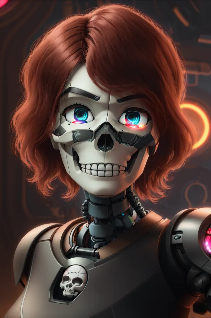 The image is a digital painting of a female cyborg. She has red hair, blue eyes, and a skull for a face. Her body is made of metal and wires. She is wearing a black and gray outfit. The background is dark with a spotlight shining on her.