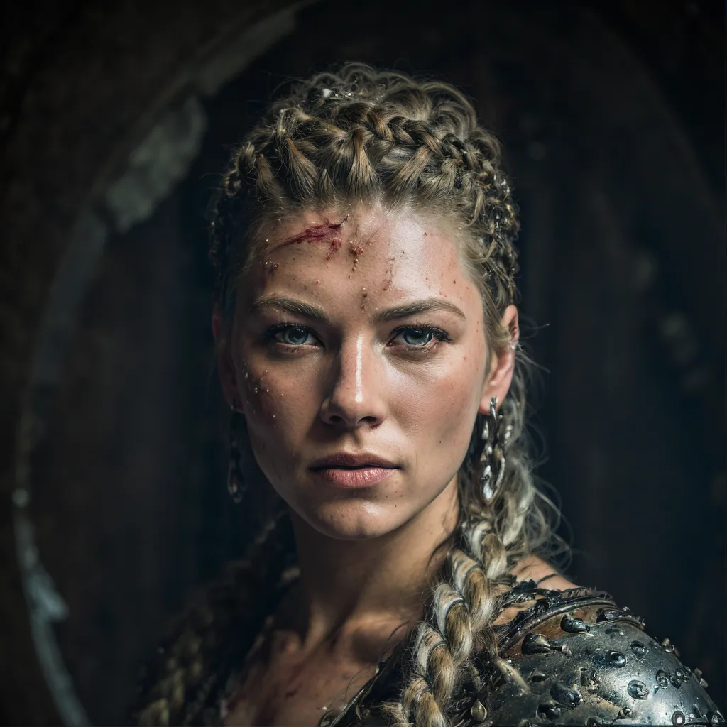 The image shows a young woman with long blonde hair, blue eyes, and a few scars on her face. She is wearing a dark-colored dress with metal shoulder pads. The background is dark and out of focus. The woman's expression is serious and determined.