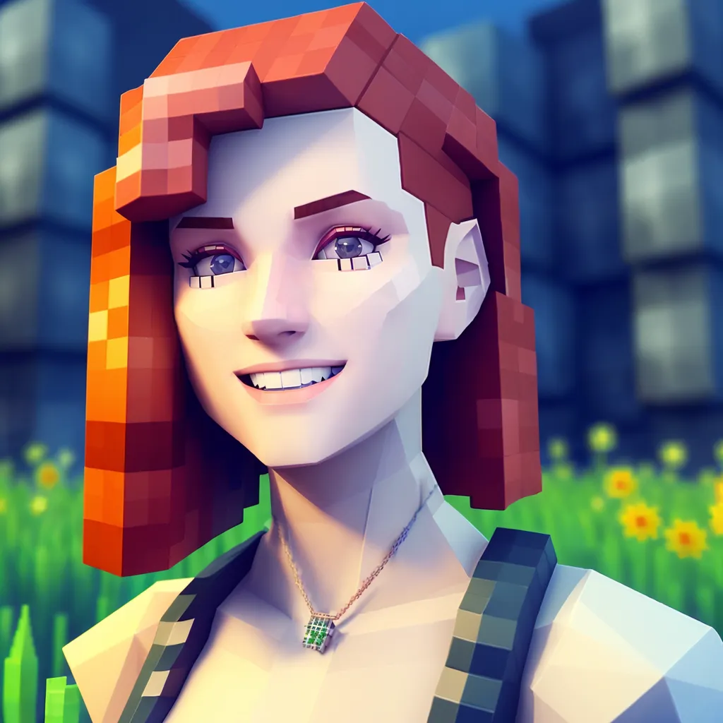 Esta é uma renderização 3D de uma jovem mulher com cabelos curtos e vermelhos e olhos verdes. Ela está usando um colar verde e uma camisa cinza. Ela tem um sorriso amigável no rosto. O fundo é um campo verde com flores amarelas. A imagem está em um estilo pixelado.