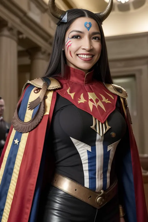 This is an image of a young woman, smiling, with long dark hair and brown eyes. She is wearing a red, white, and blue superhero costume with a cape and a gold belt. She also has horns on her head and face paint on her cheeks. She is standing in what appears to be a government building.