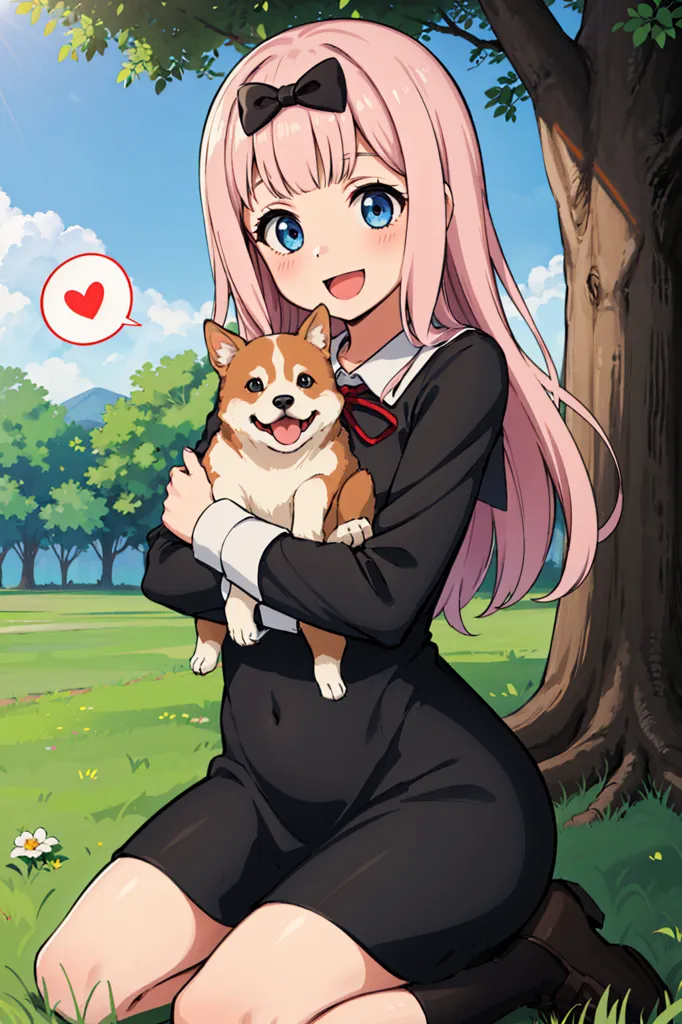 The image is of an anime girl with pink hair and blue eyes. She is wearing a black dress with a white collar. She is sitting on the grass under a tree and is holding a small brown dog in her arms. The dog has a red collar on. The girl has a pink bow in her hair and a small pink heart is floating next to her head. The background is a meadow with green grass and trees.