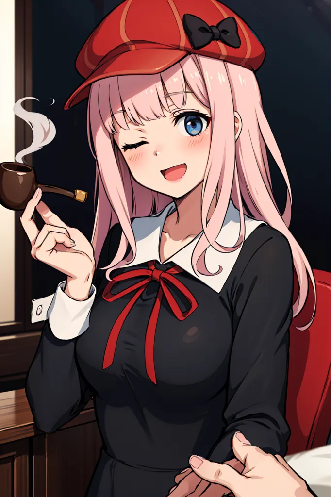 The image shows a young woman with pink hair and blue eyes. She is wearing a red beret with a black ribbon, a black dress with a white collar, and a red bow. She is smoking a pipe and has a happy expression on her face. She is sitting in a dark room with a wooden table in front of her.