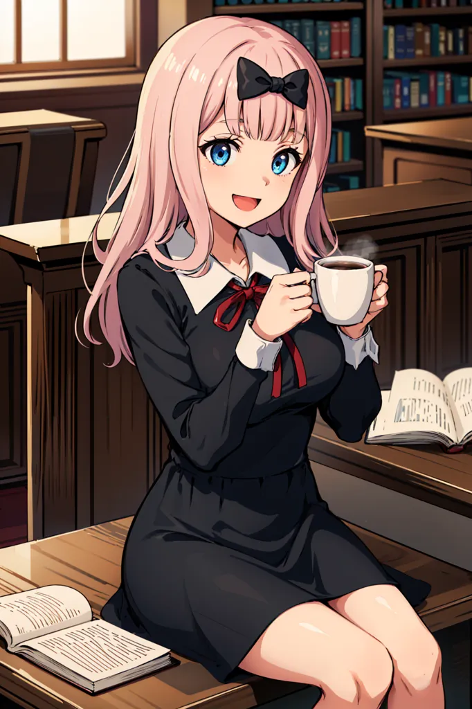 The image shows a girl with pink hair and blue eyes. She is wearing a black dress with a white collar and a red bow. She is sitting in a library, surrounded by books. She is holding a cup of tea and smiling.